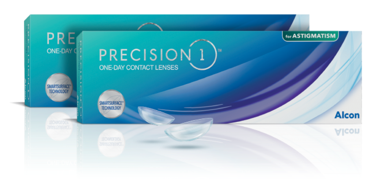 productverpakkingen van Precision1-daglenzen en Precision1 for Astigmatism-daglenzen van Alcon