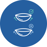 Icône montrant une lentille cornéenne en forme de bol avec un crochet à côté et une lentille cornéenne qui s’évase en forme de cloche avec un X à côté.
