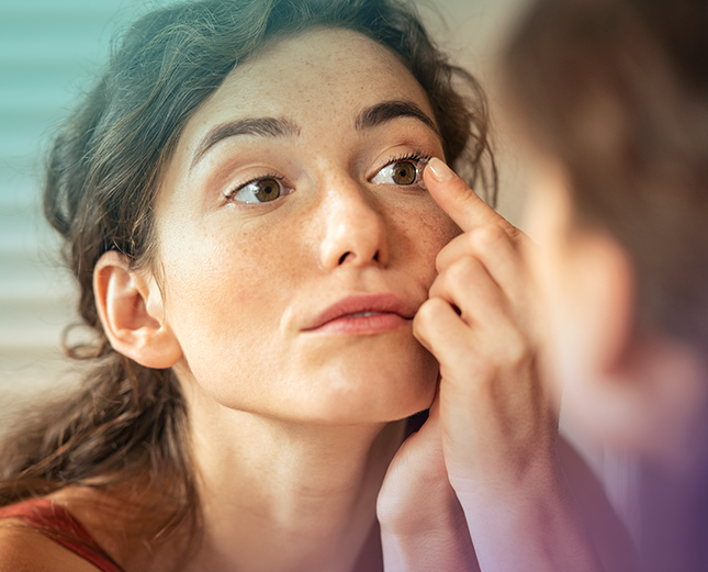 Femme qui se regarde dans le miroir pour mettre une lentille cornéenne à remplacement quotidien.