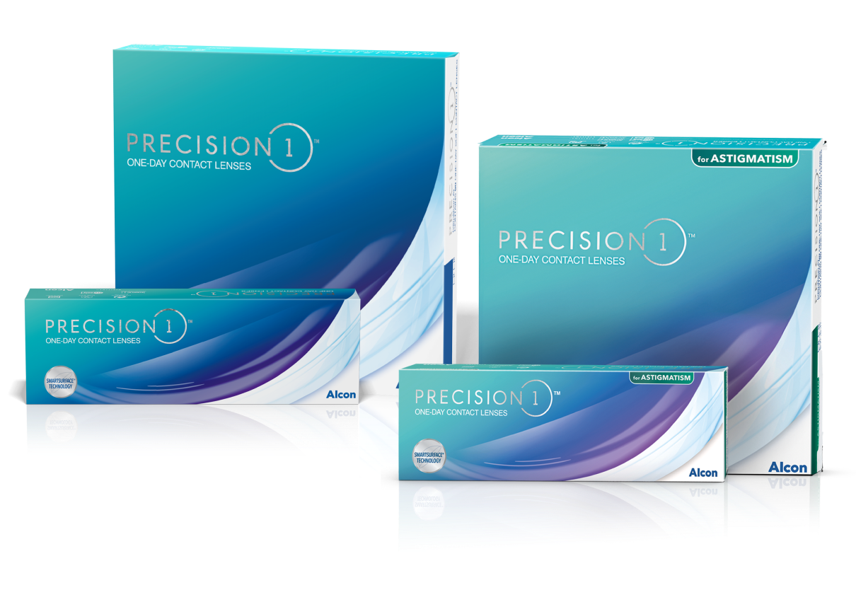 Produktové krabičky denních kontaktních čoček Precision1 a Precision1 for Astigmatism od Alconu