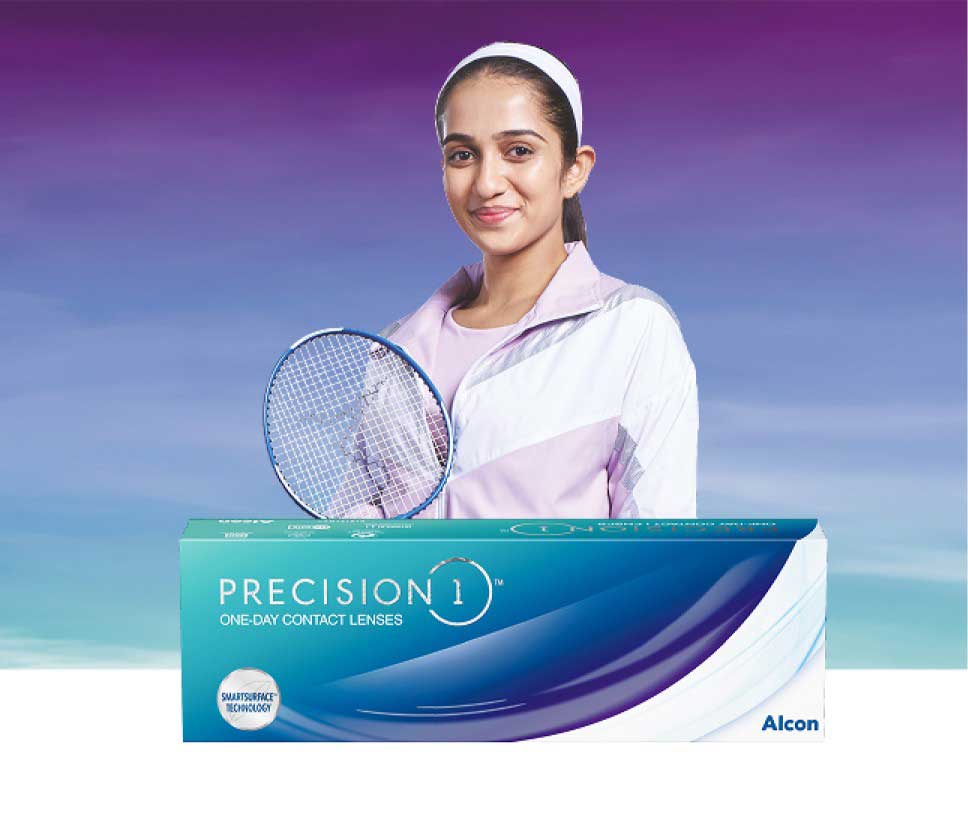 Woman with tennis rocket and Precision package