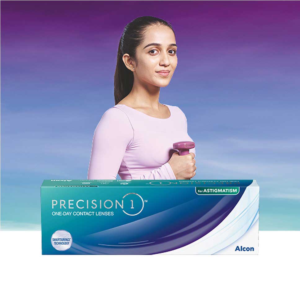 Woman with weight and Precision1 for Astigmatism package
