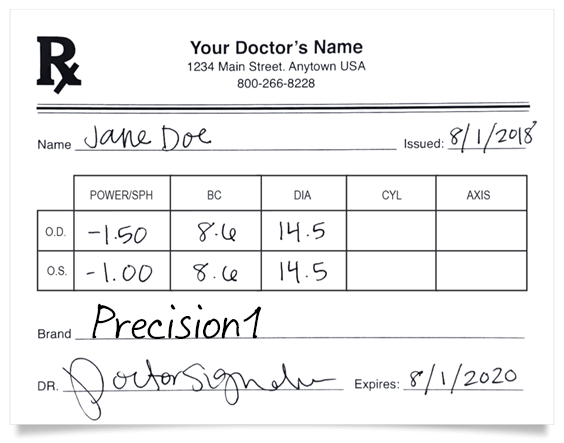 Sample prescription for Precision1 contact lenses handwritten and signed by a doctor including Power/SPH, BC, and DIA information
