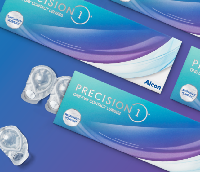 Product boxes of Precision1 One Day Contact Lenses with contact lense blister pack packaging coming out of box