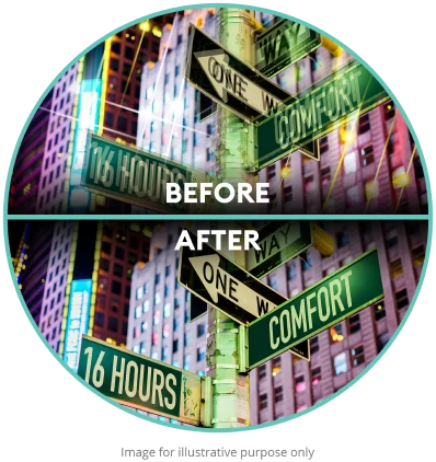 image for illustrative purpose only showing vision with and without stable contact lenses. The before and after views show traffic signs that are blurry and distorted, then clear.