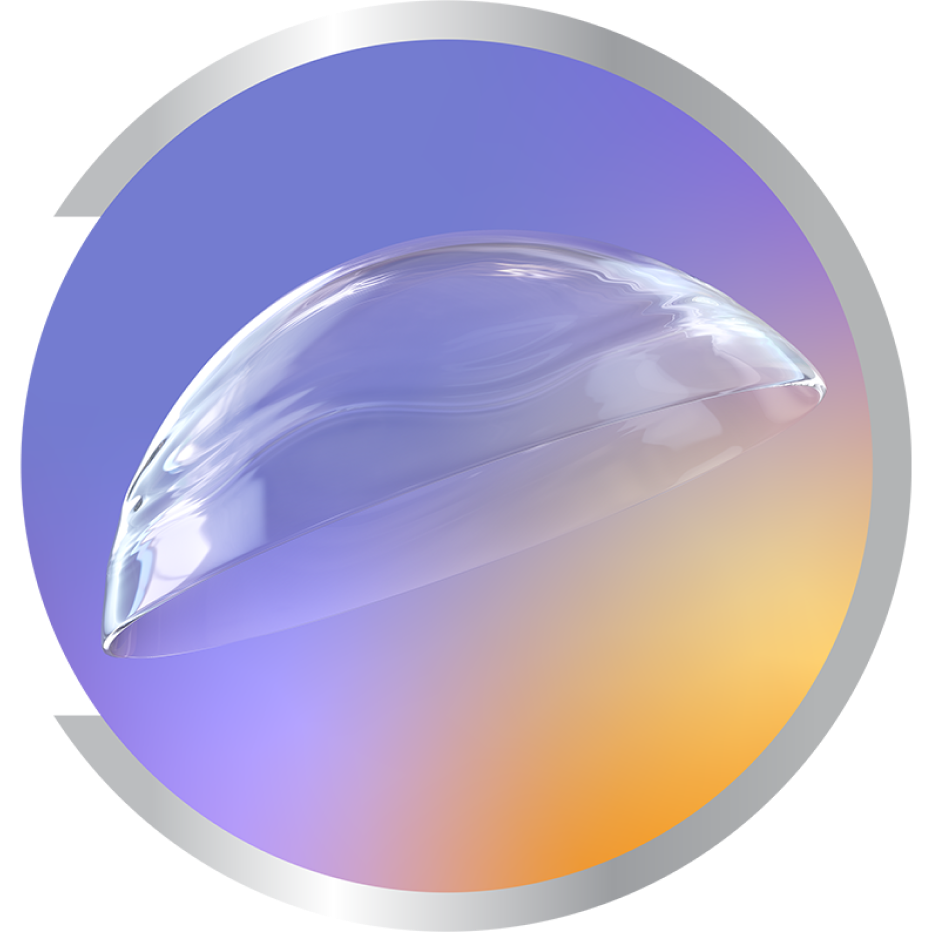 Close-up of a transparent contact lens against a purple, blue, and orange gradient background with a metallic silver border