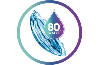 contact lens coated in water with text reading more than 80% water