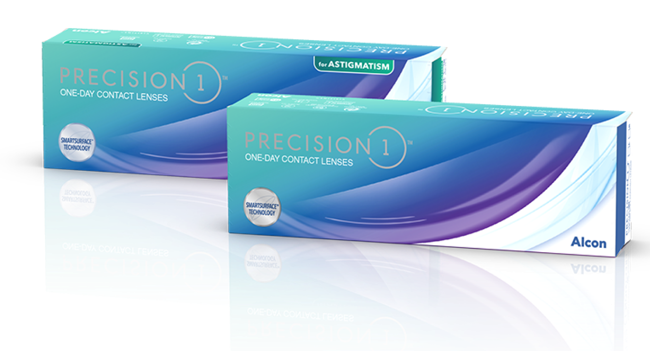 Product boxes for Precision1 one-day contact lenses and Precision1 for Astigmatism one-day contact lenses