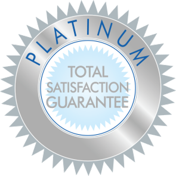 Platinum seal with the text 'Total Satisfaction Guarantee' in the center, surrounded by a silver metallic border and blue lettering