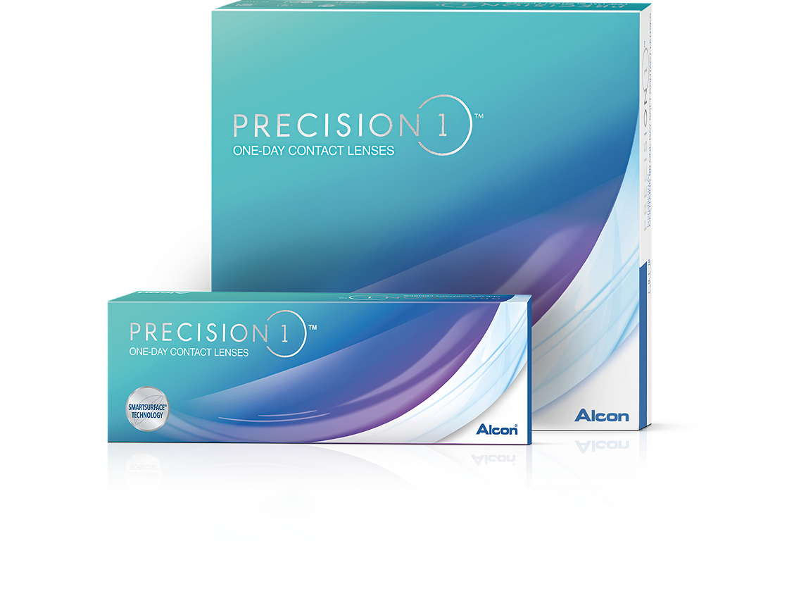 Product boxes of Precision1 one-day contact lenses by Alcon, featuring SmartSurface Technology