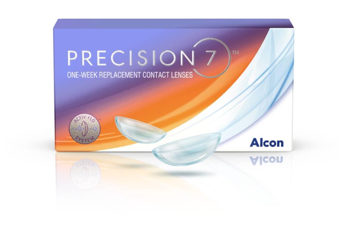 Box of PRECISION7 one-week replacement contact lenses by Alcon, featuring orange, purple, and white packaging