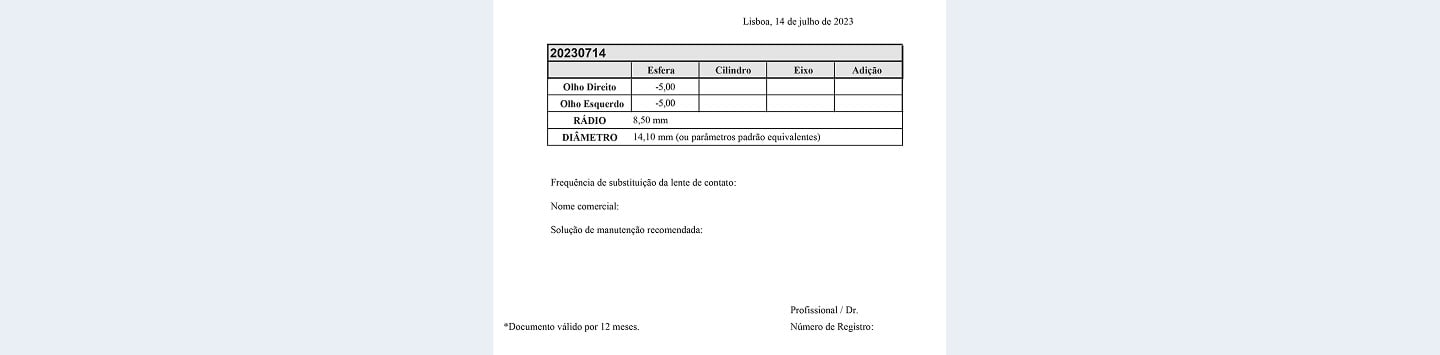 Amostra de prescrição de lentes de contacto que mostra o nome do doente, valores de prescrição para ambos os olhos, marca da lente e data de validade