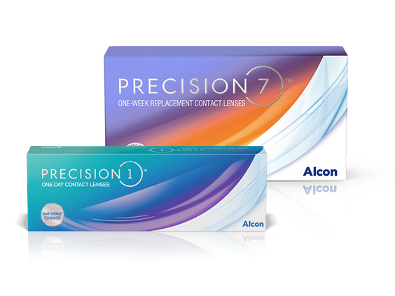 Produktový obrázek krabiček kontaktních čoček PRECISION1 pro denní nošení a PRECISION7 pro týdenní výměnu od Alconu