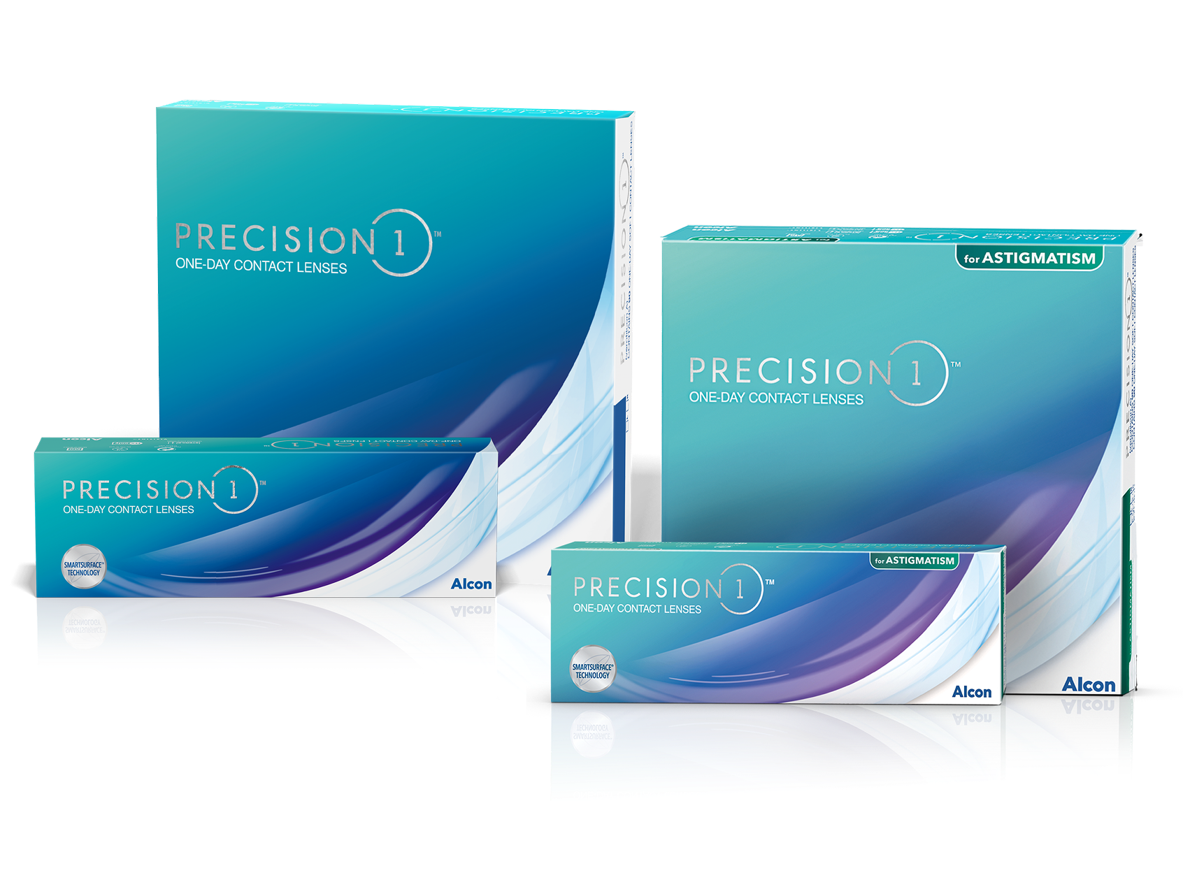 Produktové krabičky denních kontaktních čoček Precision1 a Precision1 for Astigmatism od Alconu