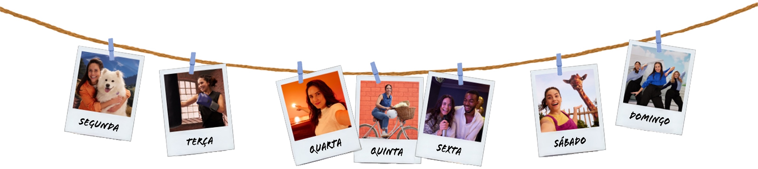 Fotografias tipo Polaroid cortadas numa corda, cada uma marcada com um dia da semana e mostrando pessoas envolvidas em diferentes atividades de segunda a domingo