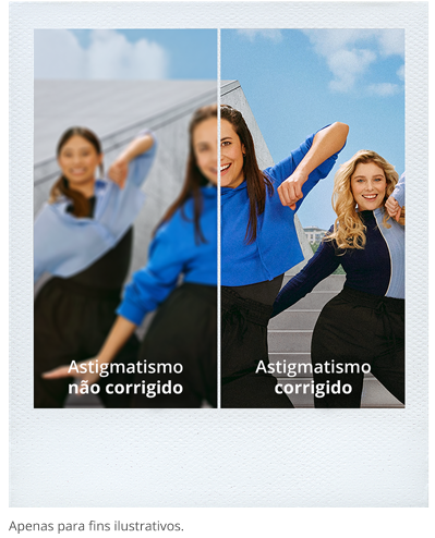 Imagem dividida comparando astigmatismo não corrigido e corrigido. Três mulheres dançam ao ar livre em degraus. O lado esquerdo está turvo, mostrando visão não corrigida, enquanto o lado direito é nítido e claro, representando astigmatismo corrigido.