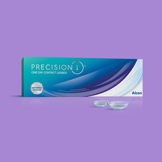 Box of PRECISION1 one-day contact lenses by Alcon, displayed with two clear contact lenses on a purple background. The packaging highlights SmartSurface Technology.