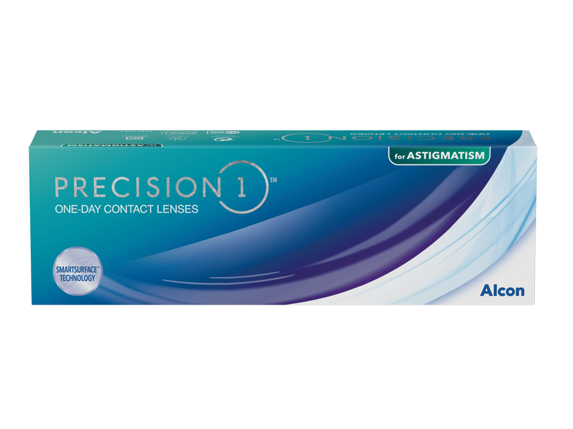 Product box of Precision1 one-day contact lenses by Alcon, featuring SmartSurface Technology