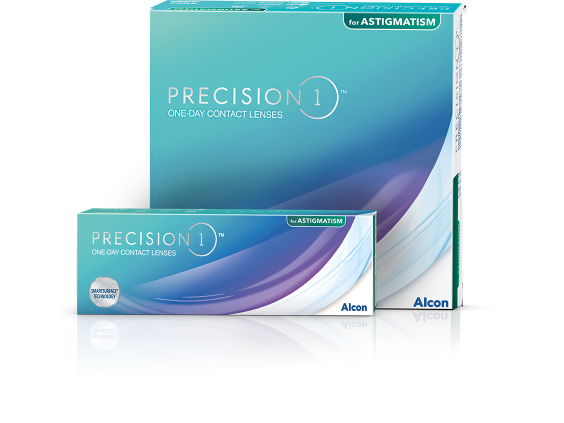 Product boxes of Precision1 for Astigmatism one-day contact lenses by Alcon, featuring SmartSurface Technology