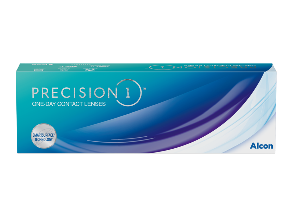 Product box of Precision1 one-day contact lenses by Alcon, featuring SmartSurface Technology