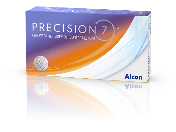 Box of PRECISION7 one-week replacement contact lenses by Alcon, featuring orange, purple, and white packaging