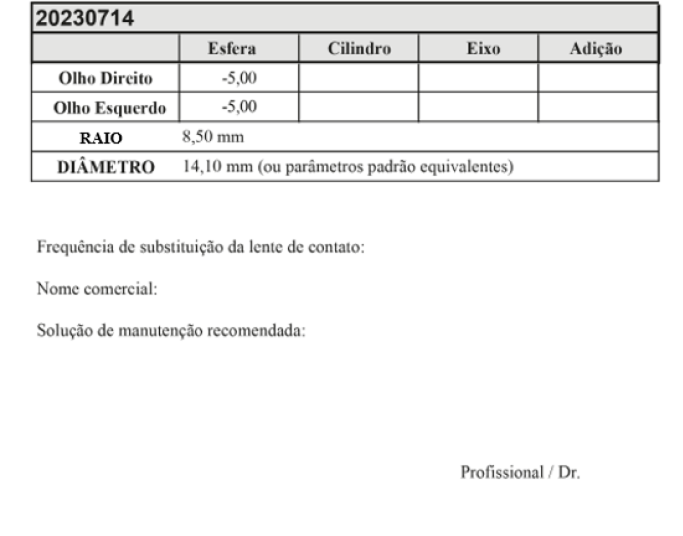 Prescrição de lentes com pormenores de dioptria, esfera, cilindro e eixo para o olho direito e esquerdo (OD e OS). Inclui informações sobre potências e especificações ópticas