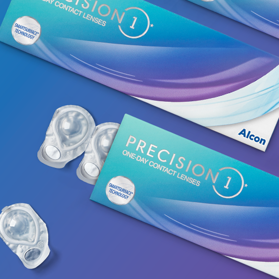 produtkové balení Precision1 - jednodenní kontaktní čočky s blistrem vystrkujícím z krabičky