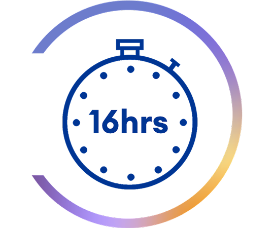 Ícone de um cronómetro a exibir “16 horas” no centro – representando 16 horas de conforto ou tempo de utilização de lentes de contacto