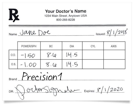 sample prescription for Precision1 lenses handwritten by your doctor for Jane Doe including Power/SPH, BC, and DIA information