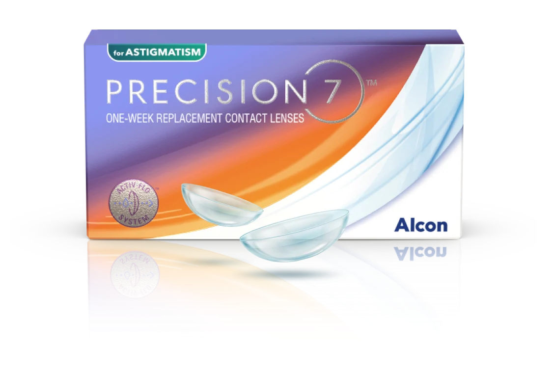 Box of PRECISION7 for Astigmatism one-week replacement contact lenses by Alcon, featuring orange, purple, and white packaging
