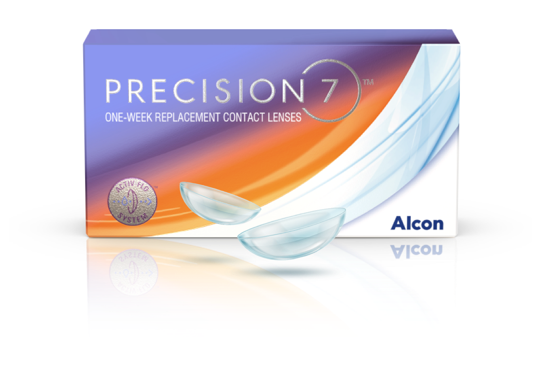 Box of PRECISION7 one-week replacement contact lenses by Alcon, featuring orange, purple, and white packaging