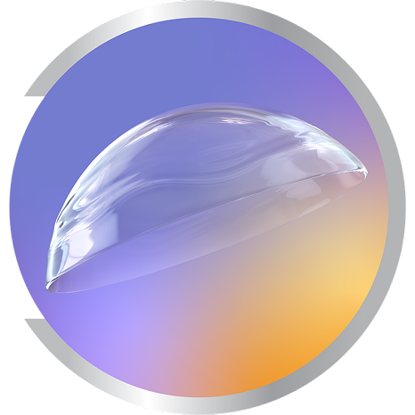 Close-up of a transparent contact lens against a purple, blue, and orange gradient background with a metallic silver border